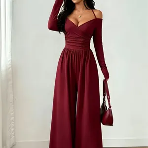 Burgundy Off-Shoulder Wide-Leg Jumpsuit | Size M