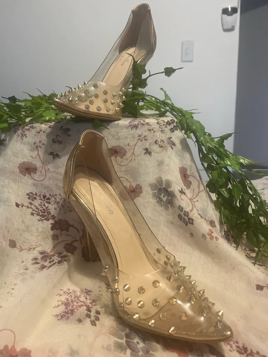 Title: Brand New Clear PVC Gold Studded Heels – Size 3